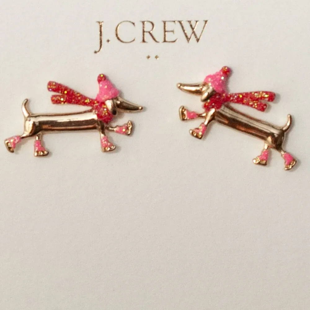 NWT J. Crew Dachsund Winter Dogs Post Earrings in Goldtone w/pink and red